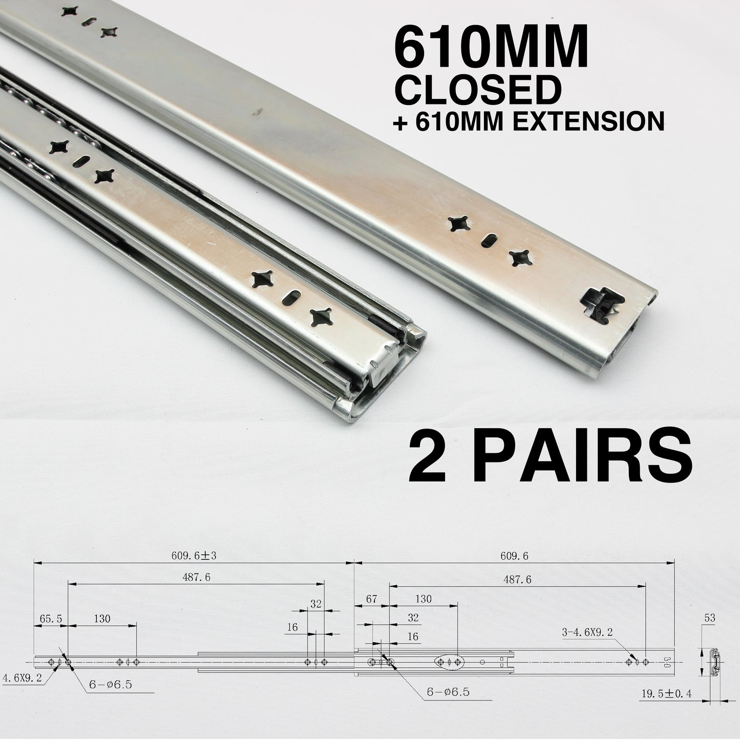 125kg Non-Locking Drawer Slides | 2 Pairs | Medium Duty | Full Extension