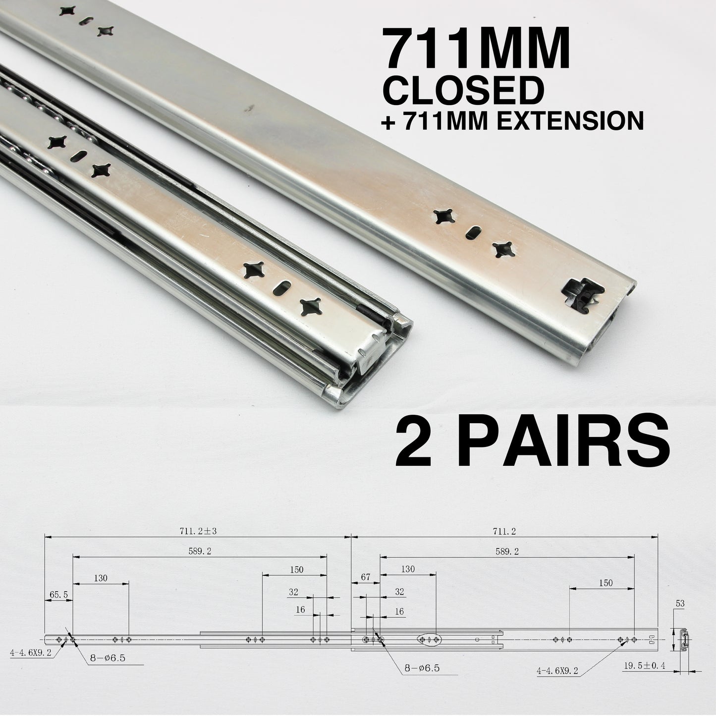125kg Non-Locking Drawer Slides | 2 Pairs | Medium Duty | Full Extension