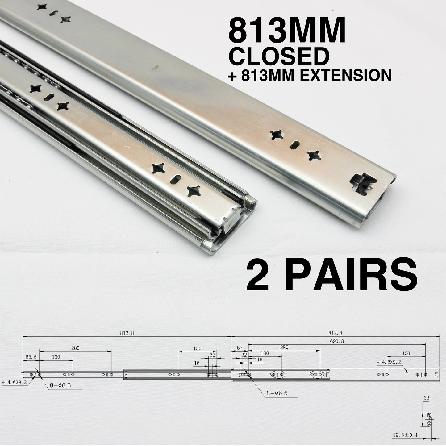 125kg Non-Locking Drawer Slides | 2 Pairs | Medium Duty | Full Extension