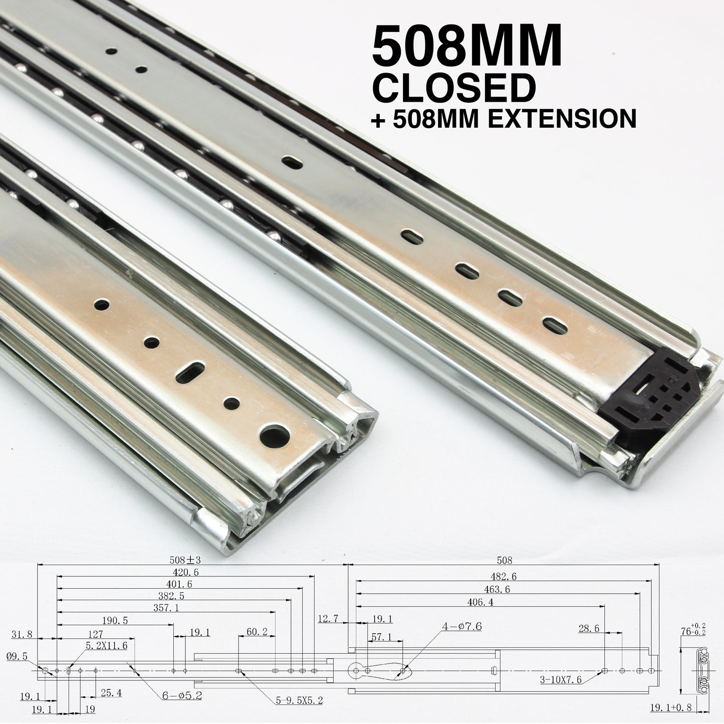 227kg Non-Locking Drawer Slides | One Pair | Heavy Duty | Full Extension Runners