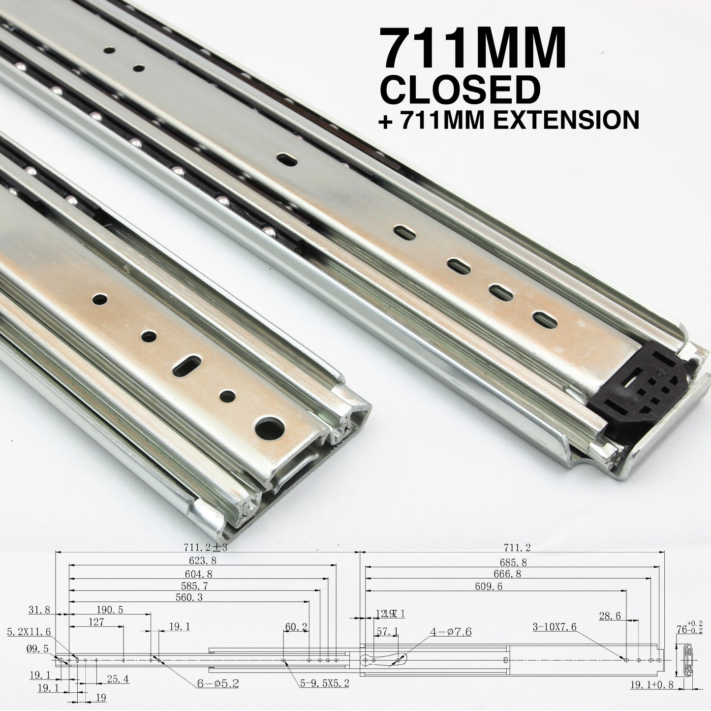 227kg Non-Locking Drawer Slides | One Pair | Heavy Duty | Full Extension Runners