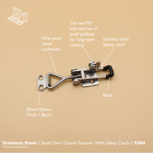 Small Over Centre Toggle Latch With Safety Catch | S304 Stainless Steel | Black | Lockable Fastener