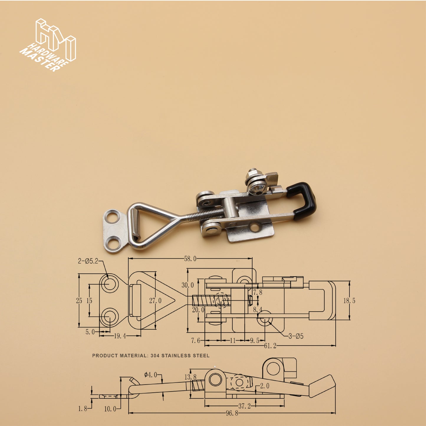 Small Over Centre Toggle Latch With Safety Catch | S304 Stainless Steel | Black | Lockable Fastener