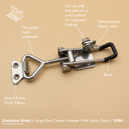 Large Over Centre Toggle Latch With Safety Catch | S304 Stainless Steel | Black | Lockable Fastener