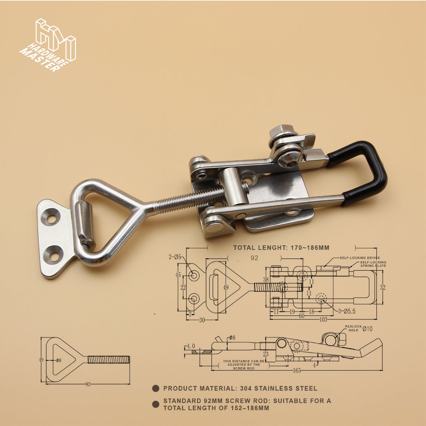 Large Over Centre Toggle Latch With Safety Catch | S304 Stainless Steel | Black | Lockable Fastener
