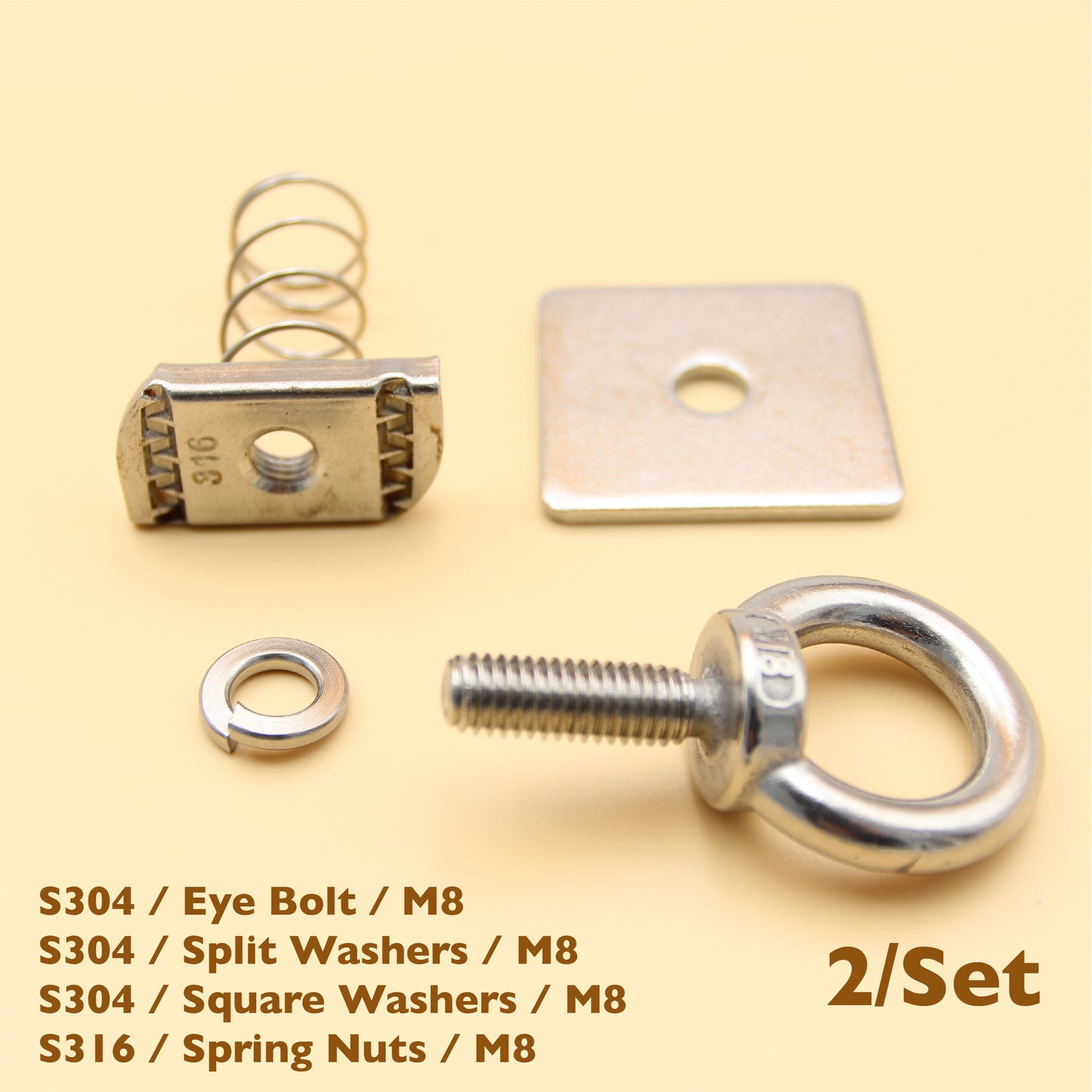 2 Sets - Stainless Steel Unistrut Eye Bolt Tie Down Kit | M6 / M8 / M10
