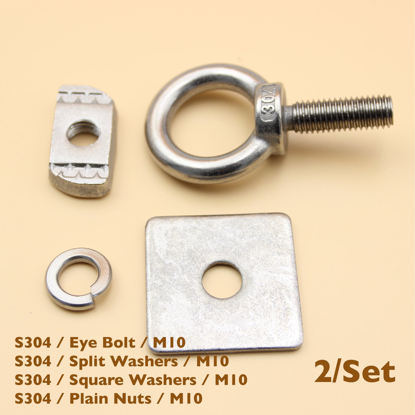 2 Sets - Stainless Steel Unistrut Eye Bolt Tie Down Kit | M6 / M8 / M10