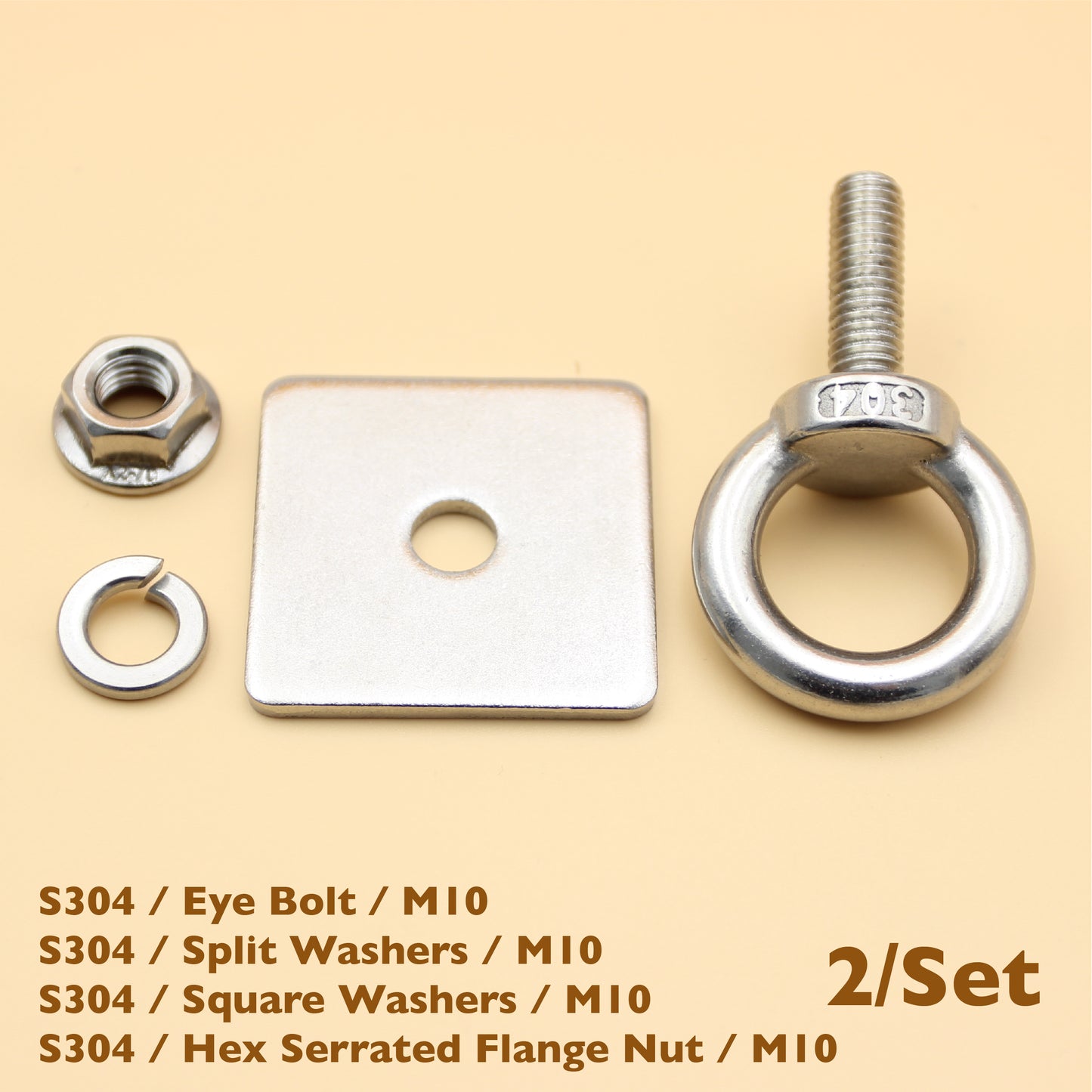 2 Sets - Stainless Steel Unistrut Eye Bolt Tie Down Kit | M6 / M8 / M10