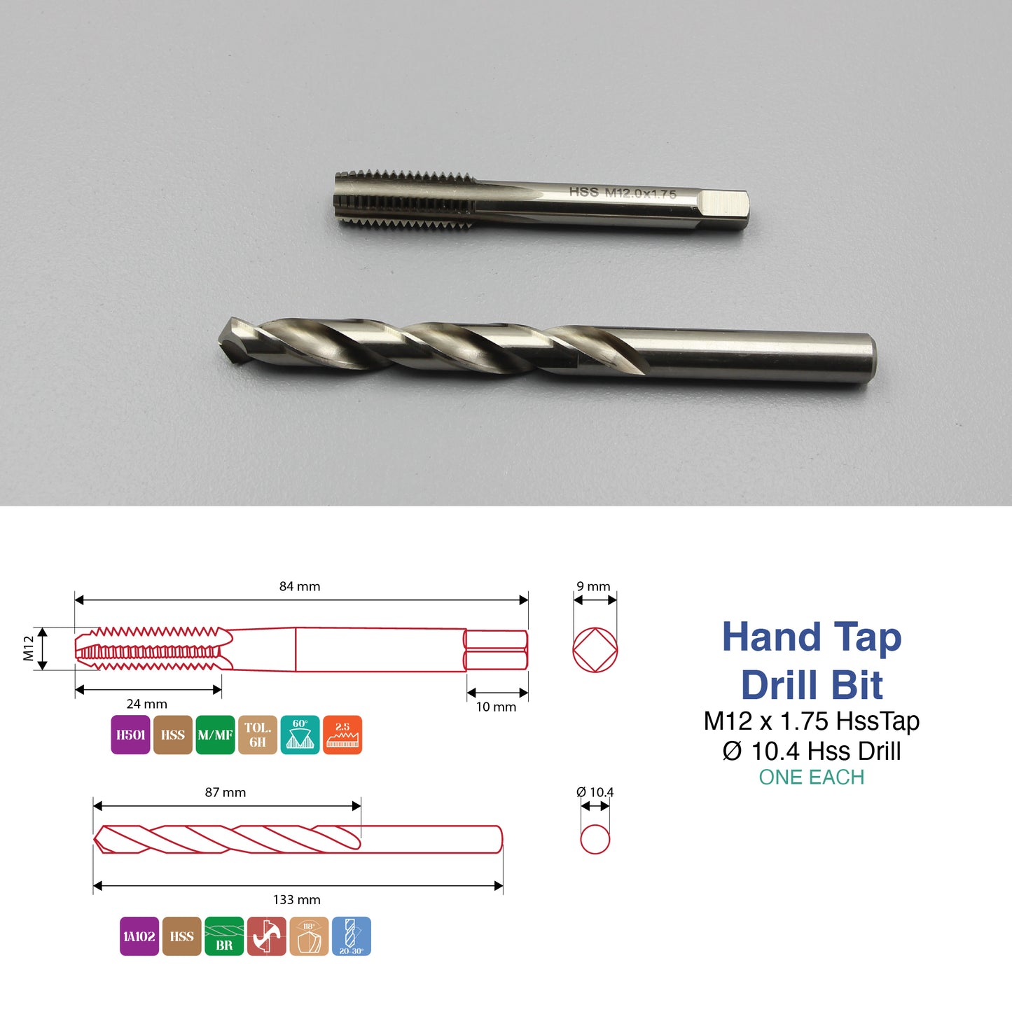 M3 M4 M5 M6 M8 M10 M12 Threading Set | HSS Metric Hand Tap + Matching Drill Bit
