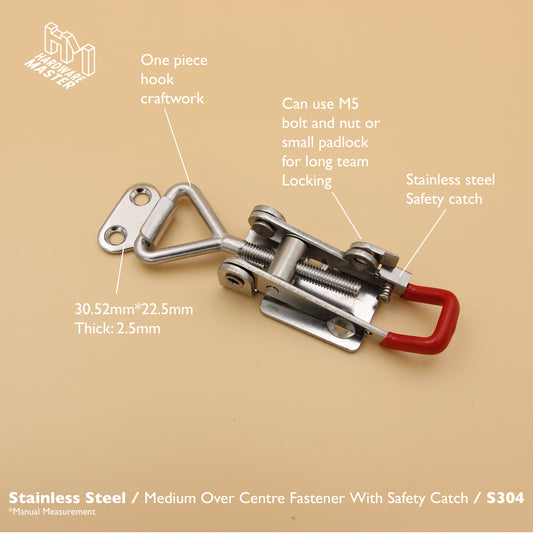 Medium Over Centre Toggle Latch With Safety Catch | S304 Stainless Steel | Red | Lockable Fastener