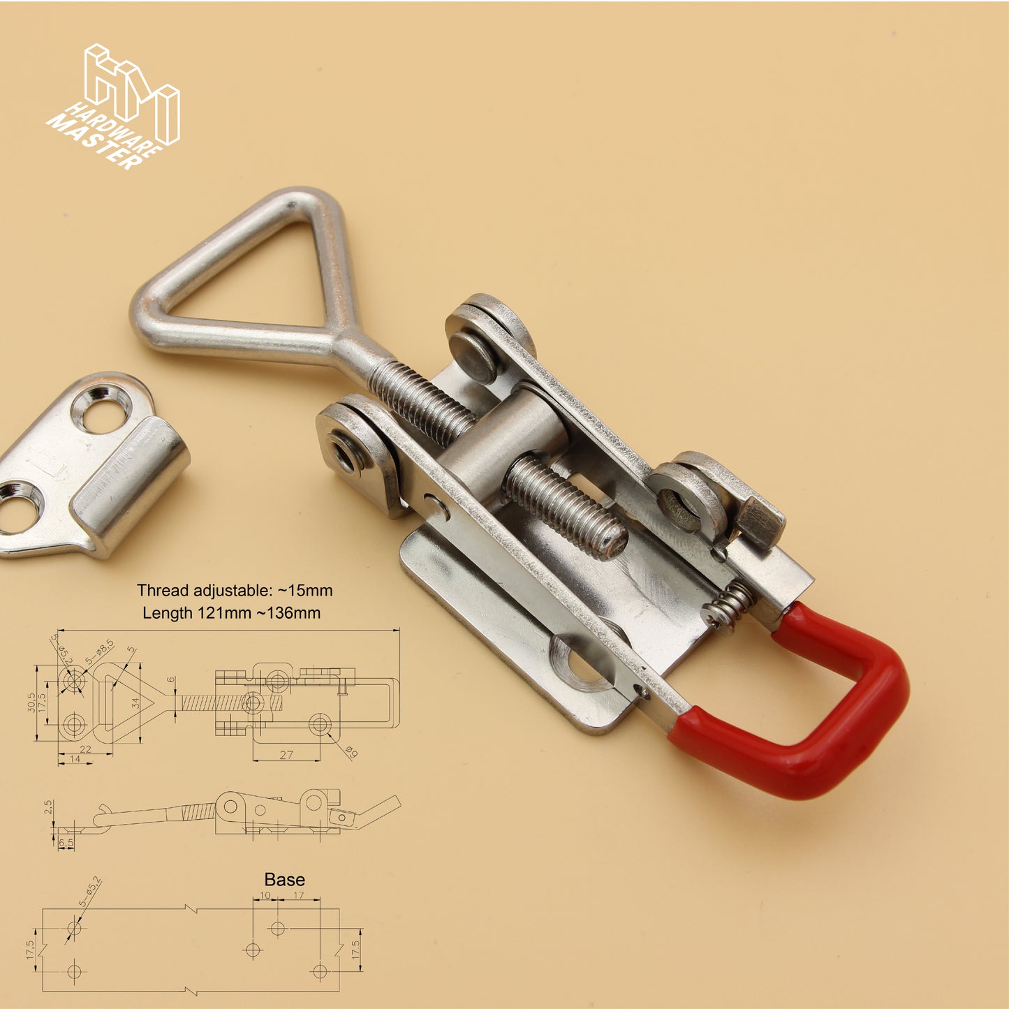 Medium Over Centre Toggle Latch With Safety Catch | S304 Stainless Steel | Red | Lockable Fastener