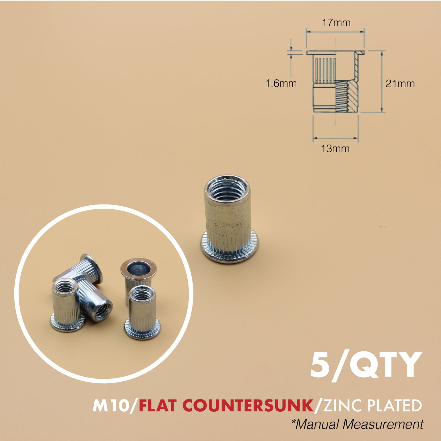 Rivet Nut | Countersunk Flange | 5Qty | Stainless Steel | Zinc Plated | M6 M8 M10
