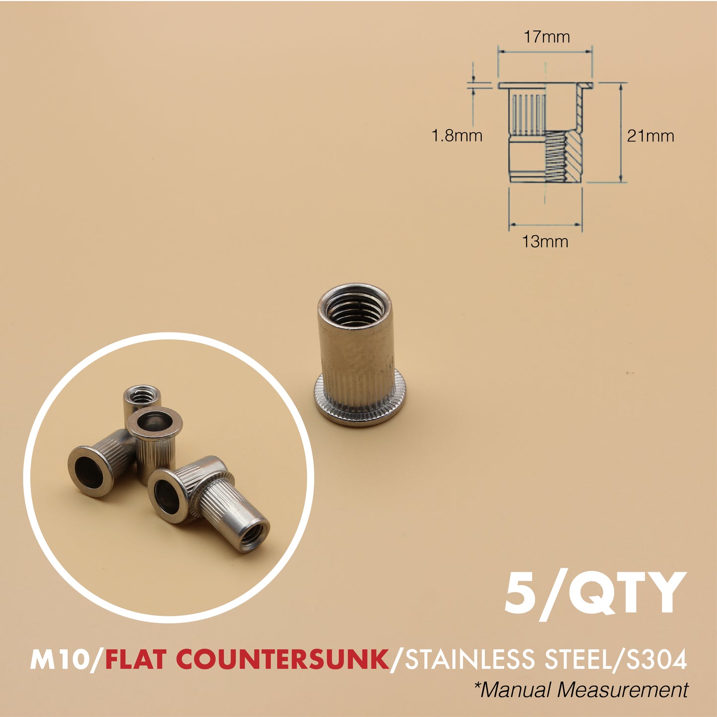 Rivet Nut | Countersunk Flange | 5Qty | Stainless Steel | Zinc Plated | M6 M8 M10