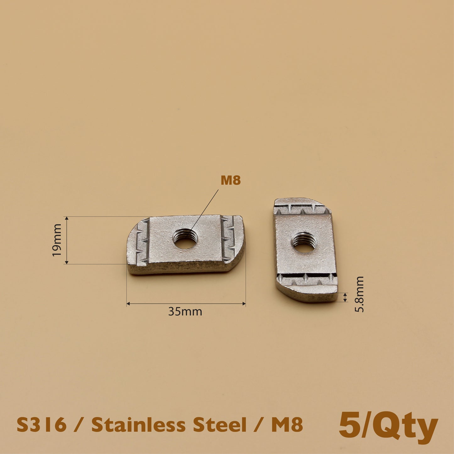 Unistrut Channel Nut M6 M8 M10 | Pack of 5 | S316 Stainless Steel | Plain Style