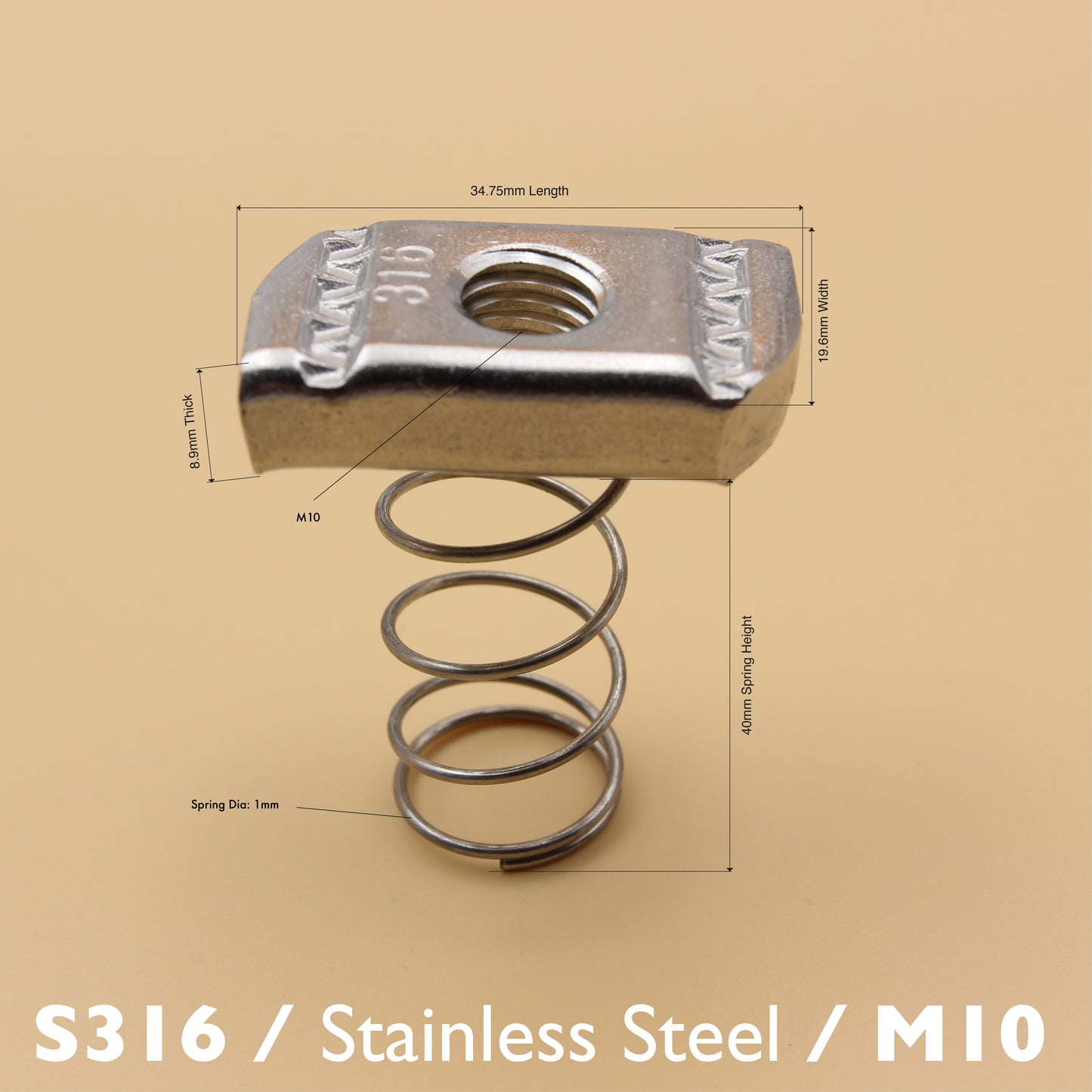 S316 Long Spring Nut | Stainless Steel Unistrut Nut (M6-M12)