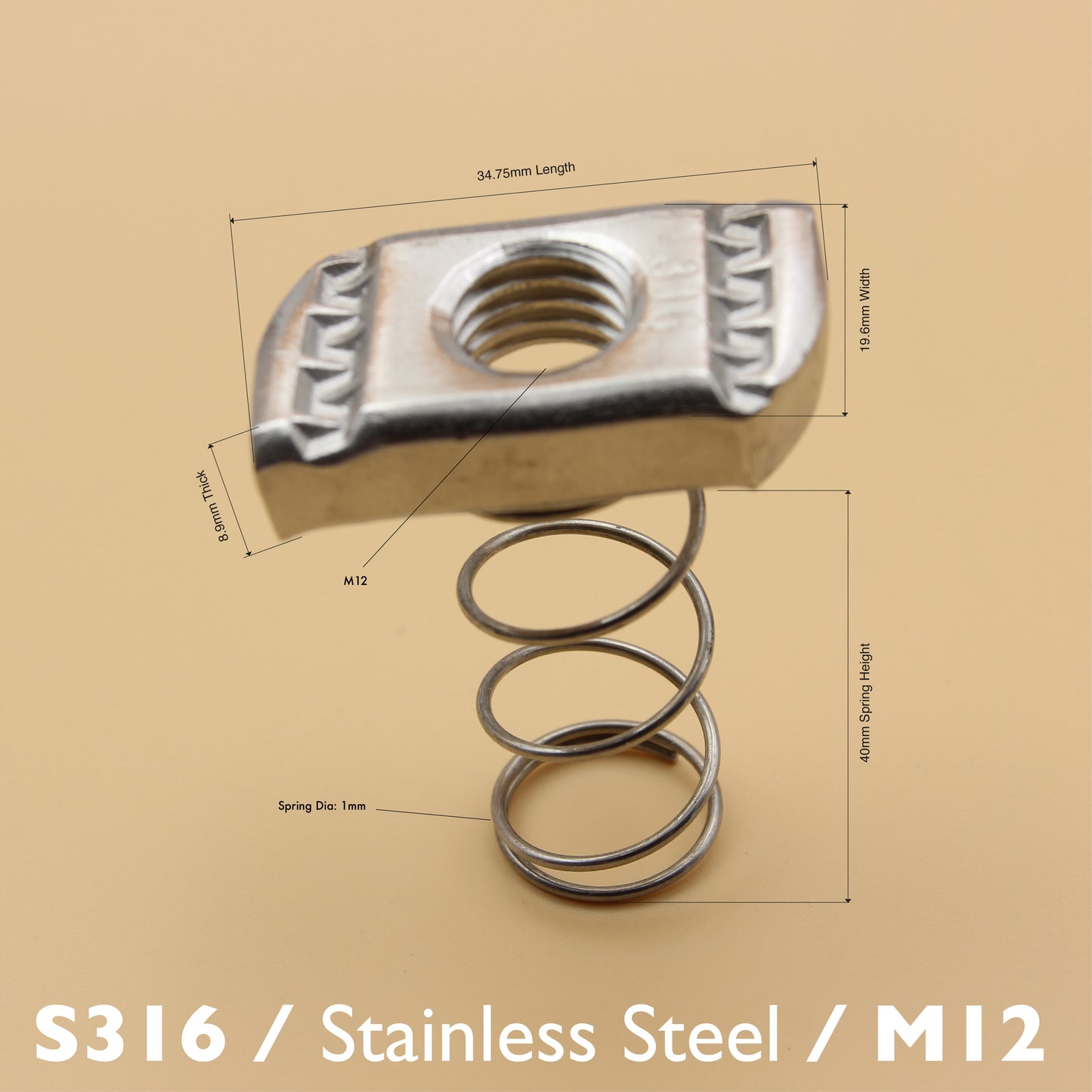 Unistrut Long Spring Nut | 5Qty | S316 Stainless Steel | Heavy Duty | Channel Nut | M6 M8 M10 M12