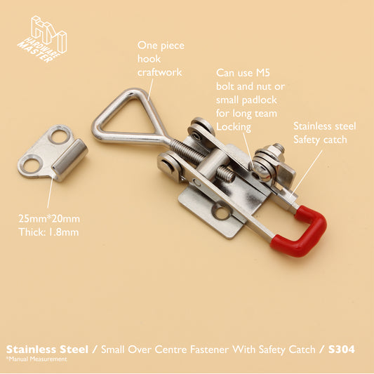 Small Over Centre Toggle Latch With Safety Catch | S304 Stainless Steel | Red | Lockable Fastener