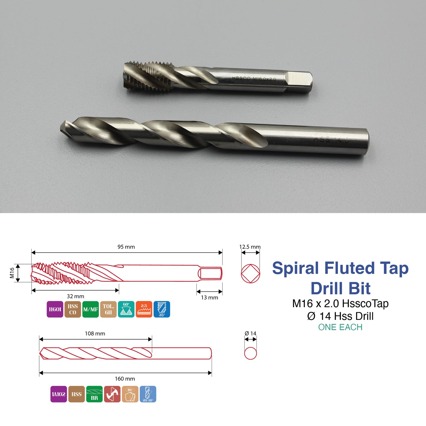 M3 M4 M5 M6 M8 M10 M12 M14 M16 | Machine Spiral Tap & Drill Bit Set | HSS HSSCO
