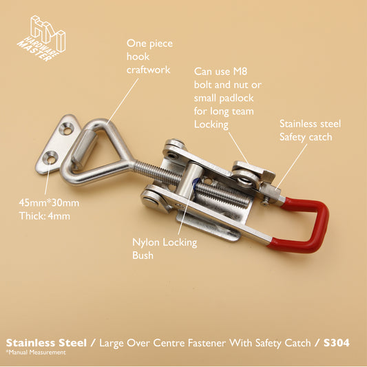 Large Over Centre Toggle Latch With Safety Catch | S304 Stainless Steel | Red | Lockable Fastener