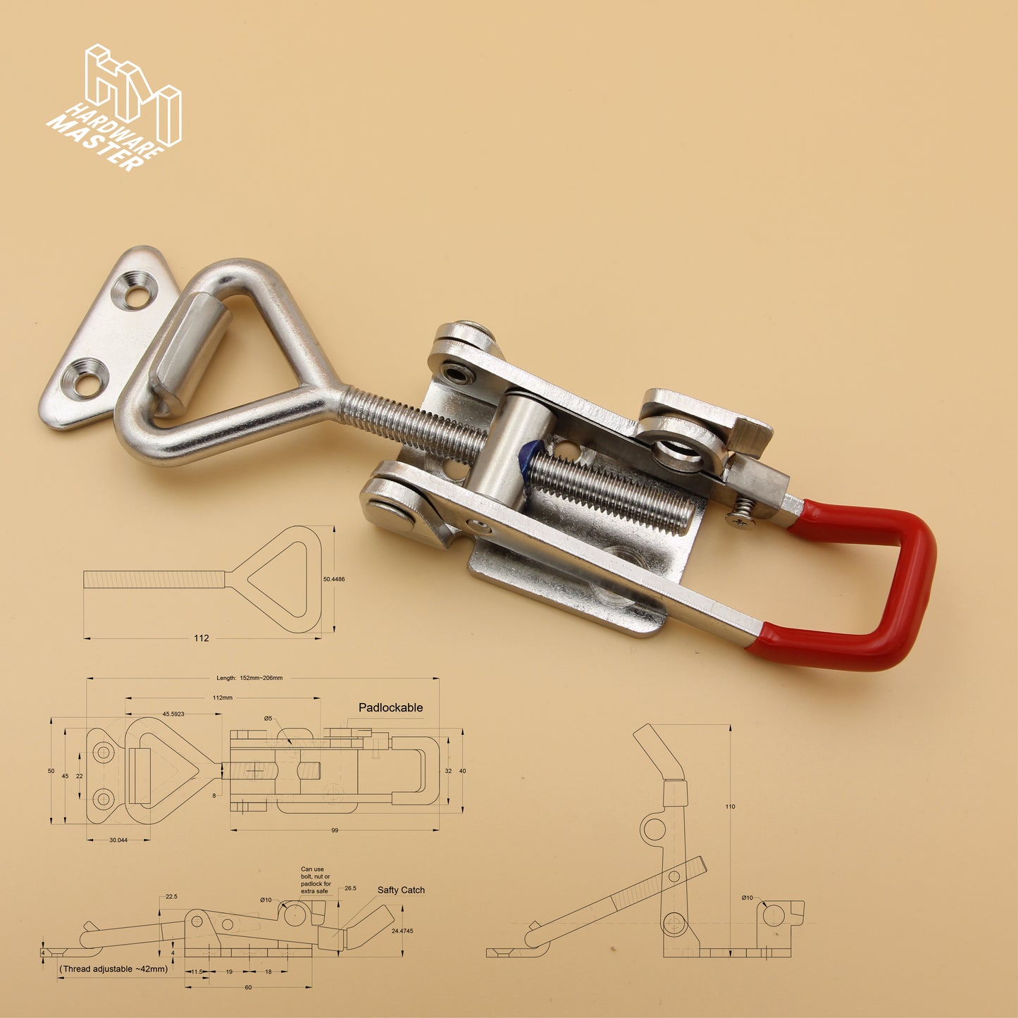 Large Over Centre Toggle Latch With Safety Catch | S304 Stainless Steel | Red | Lockable Fastener