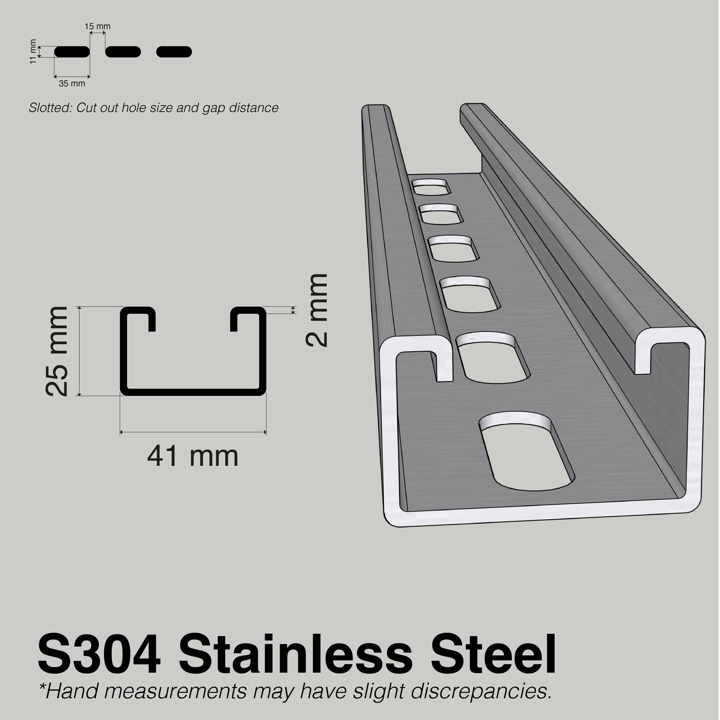 Unistrut Track Slotted | S304 Stainless Steel | Heavy Duty Channel
