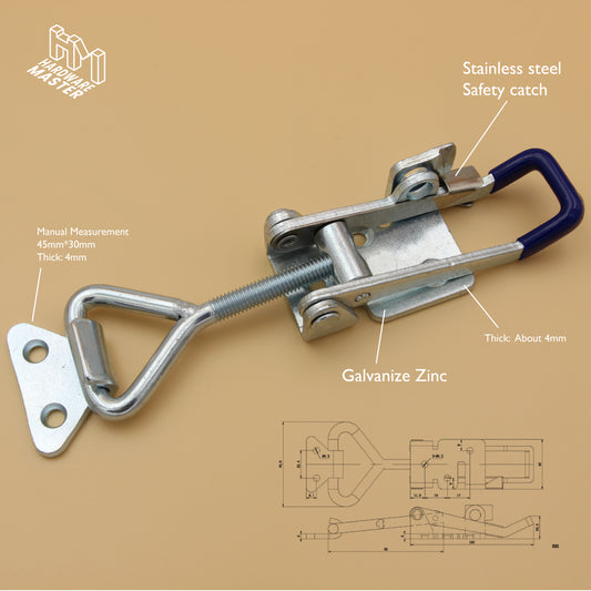 Large Over Center Toggle Latch With Safety Catch | Zinc Plated | Blue | Heavy Duty | Lockable