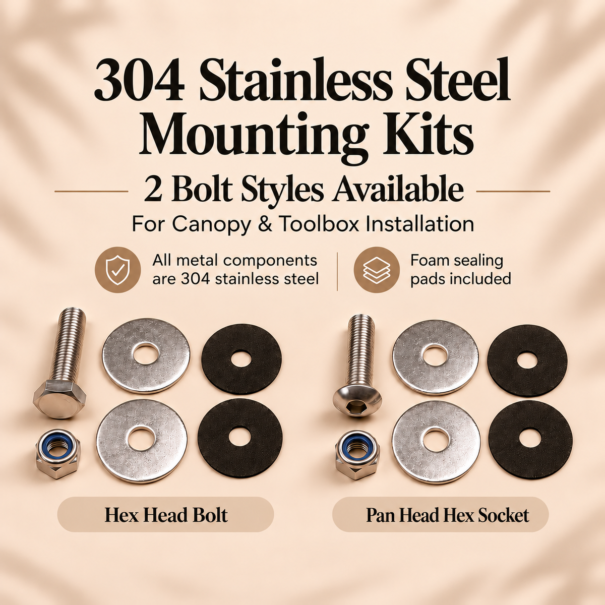 S304 Stainless Steel Canopy & Toolbox Mounting Kit with Foam Sealing Pads – M10