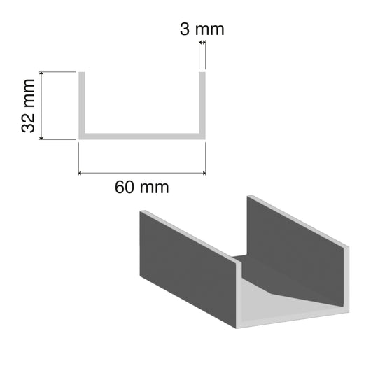 Aluminium U Channel | 32x60x3mm | 6060 T5 Alloy | Custom Length