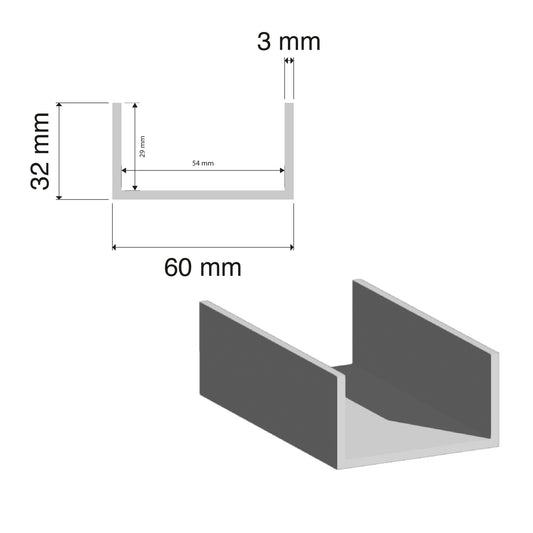 Aluminium U Channel | 32x60x3mm | 6060 T5 Alloy | Custom Length