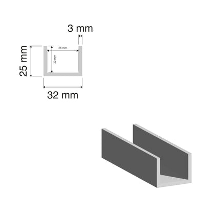 Aluminium U Channel | 25x32x3mm | 6060 T5 Alloy | Custom Length
