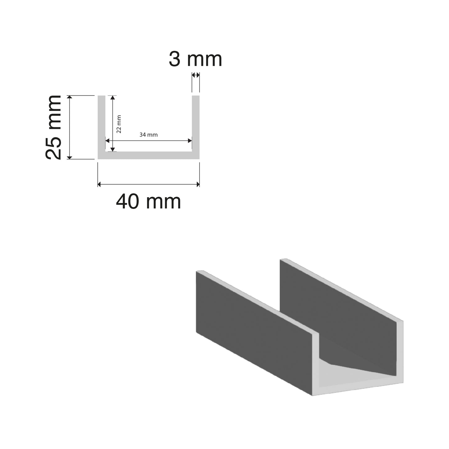 Aluminium U Channel | 25x40x3mm | 6060 T5 Alloy | Custom Length