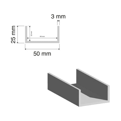 Aluminium U Channel | 25x50x3mm | 6060 T5 Alloy | Custom Length