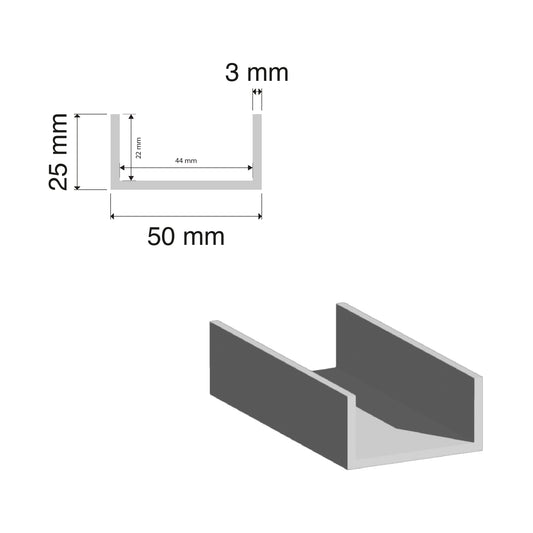 Aluminium U Channel | 25x50x3mm | 6060 T5 Alloy | Custom Length