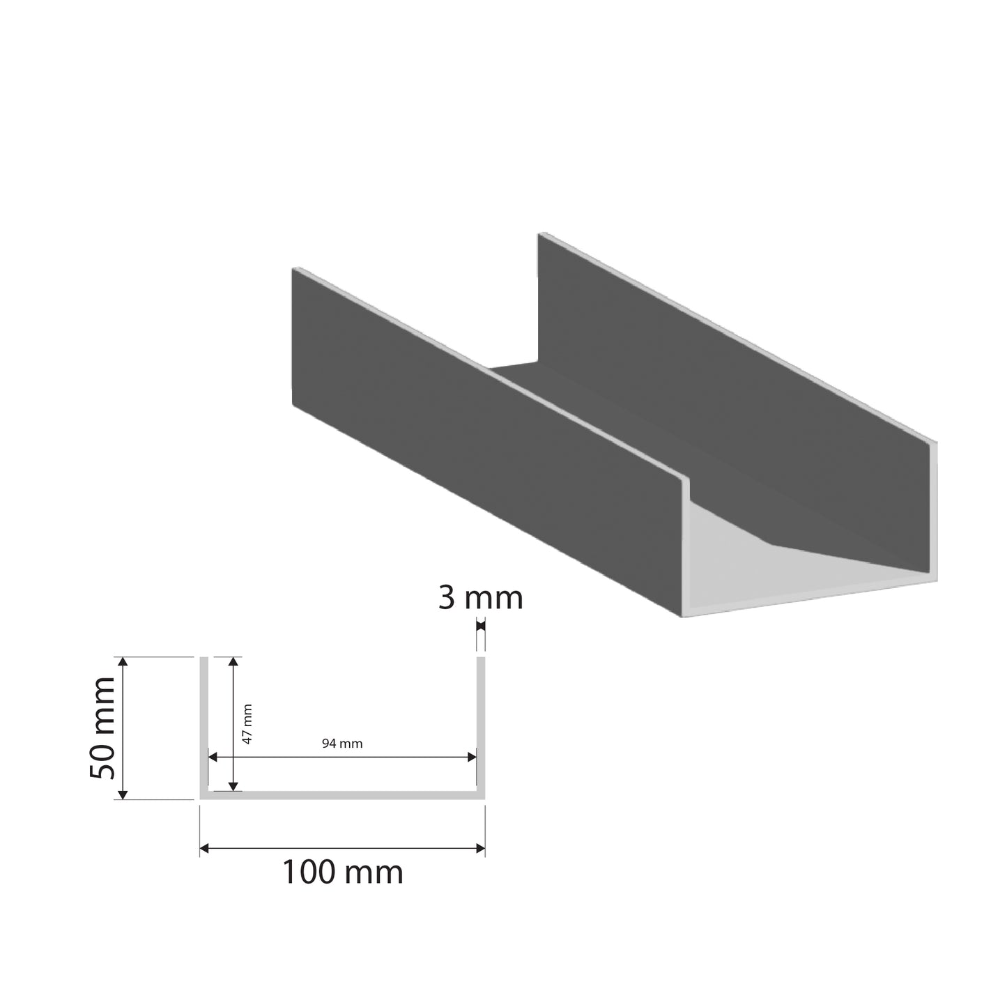 Aluminium U Channel | 50x100x3mm | 6060 T5 Alloy | Custom Length