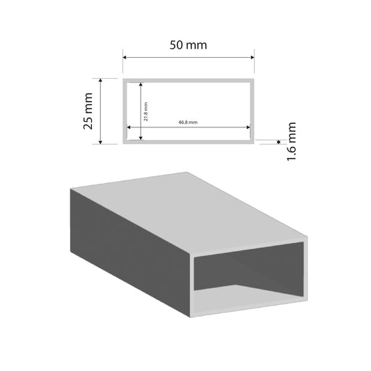 Aluminium RHS Tube | 50x25x1.6mm | 6063 T5 Alloy | Custom Length