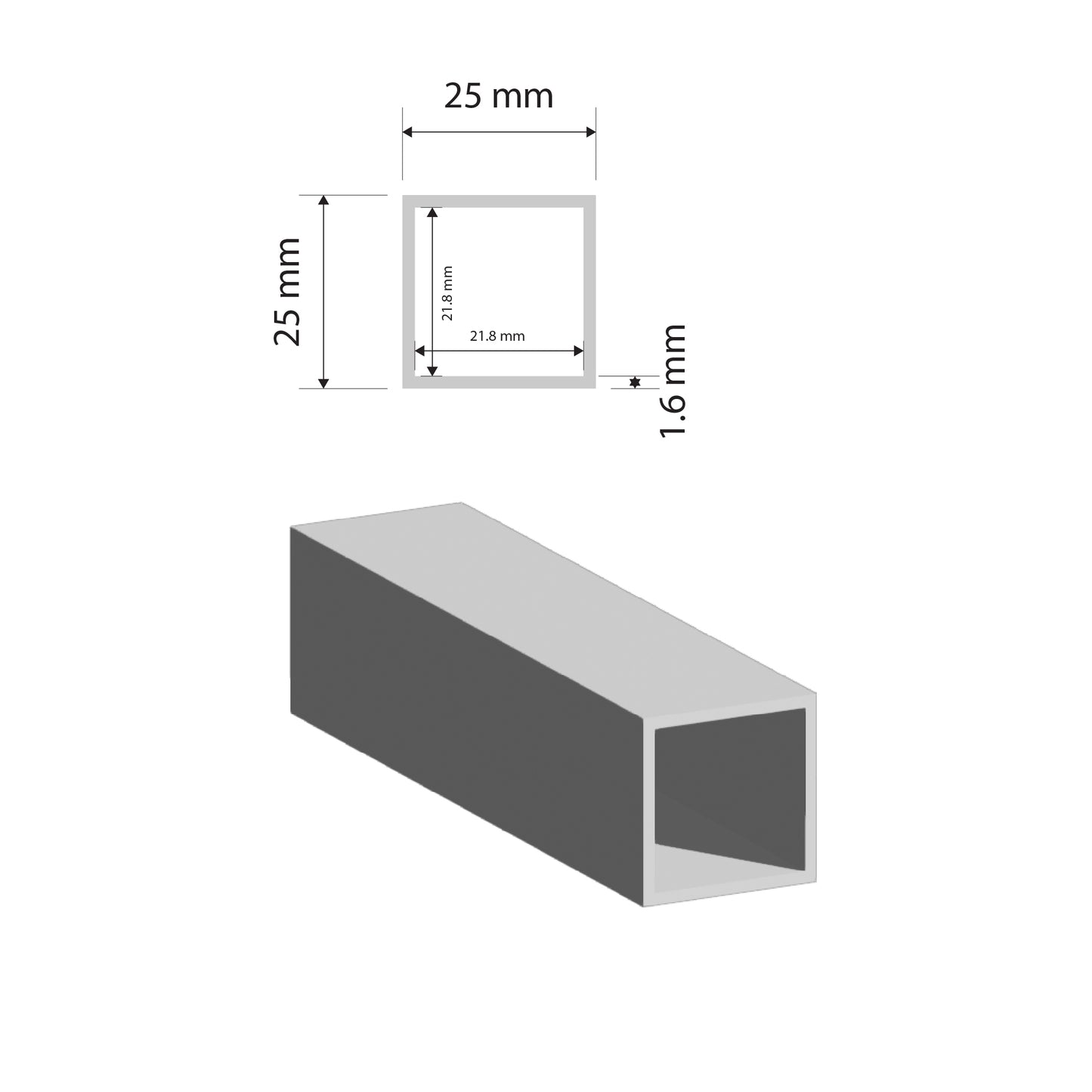 Aluminium SHS Tube | 25x25x1.6mm |  6063 T5 Alloy | Custom Length