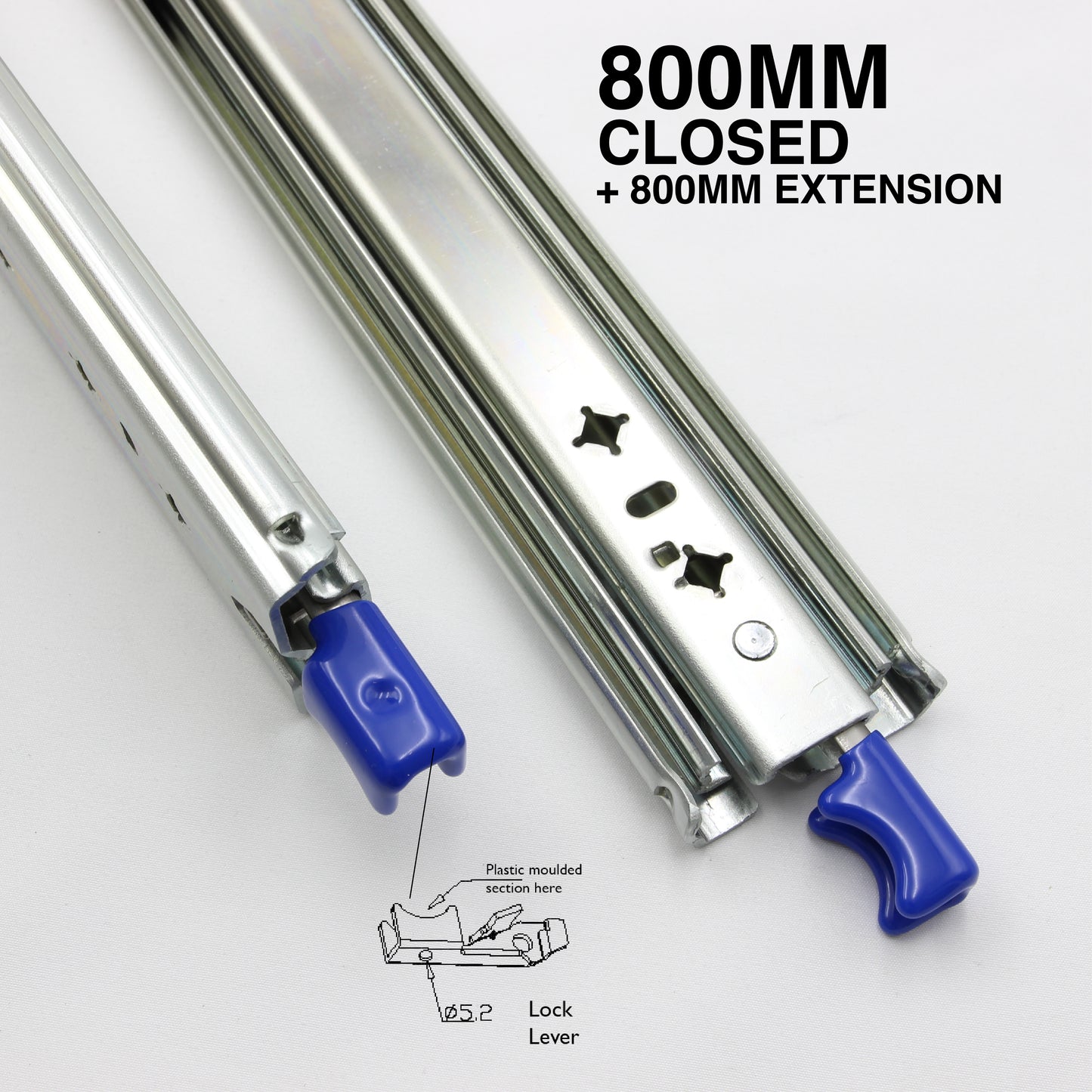 1 Pair | 800mm | 125kg Locking Drawer Slides | Full Extension Runners |  Medium Duty