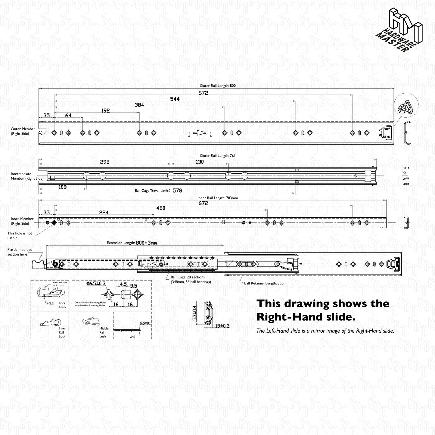 1 Pair | 800mm | 125kg Locking Drawer Slides | Full Extension Runners |  Medium Duty