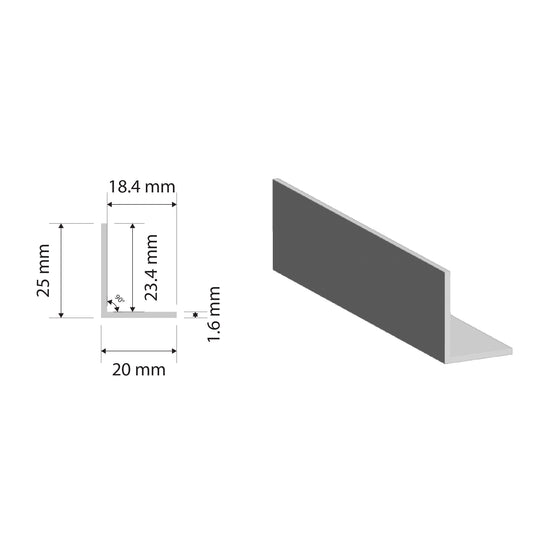 Aluminium UnEqual Angle |  25x20x1.6mm | 6063 T5 Alloy | Custom Length
