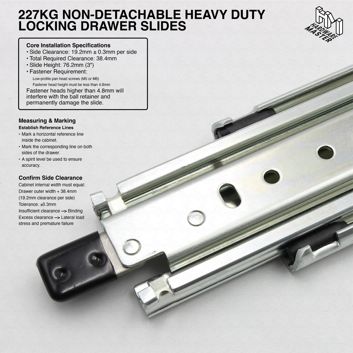 NEW | 227kg Locking Drawer Slides | One Pair | Heavy Duty | Full Extension Runners