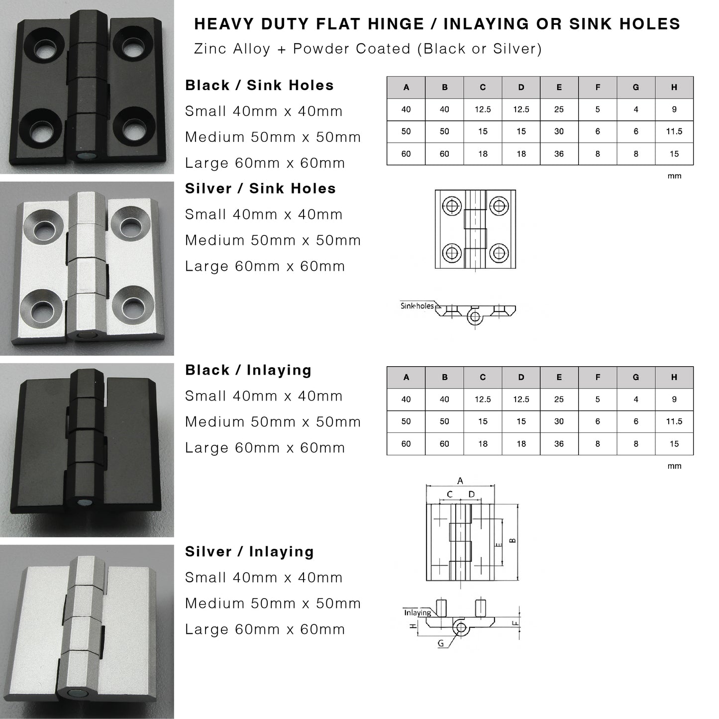 Butt Hinge | Sunk Mount or Blind Mount | Heavy Duty | Zinc Alloy | Black/Silver