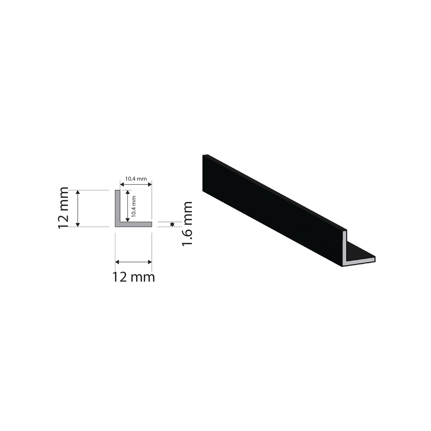 Black Aluminium Equal Angle | 12x12x1.6mm | 6063 T5 Alloy | Custom Length