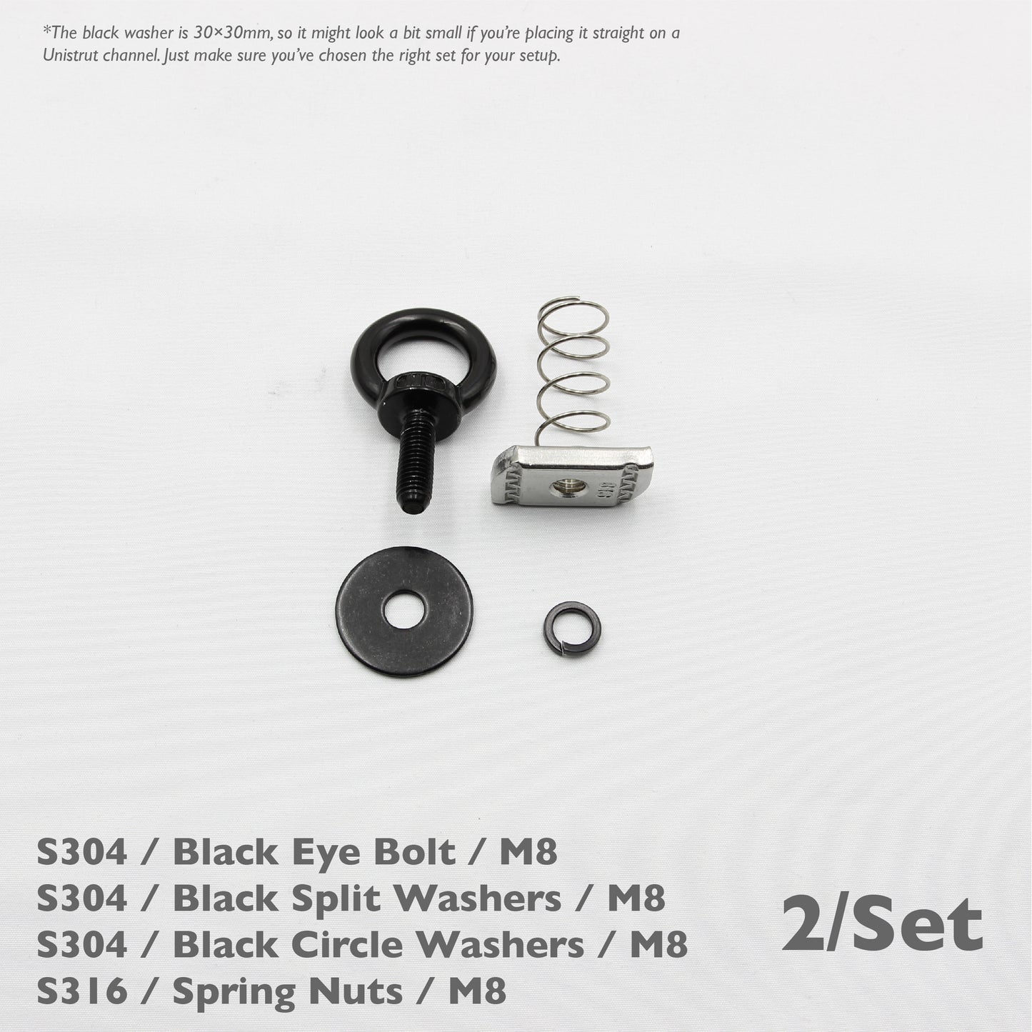 Black Unistrut Eye Bolt Kit | Stainless Steel | M6 M8 M10 | Set of 2