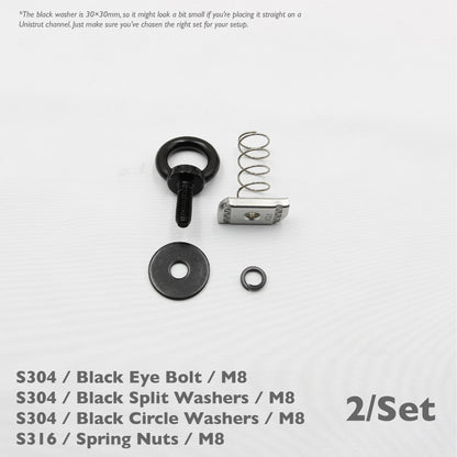 Black Unistrut Eye Bolt Kit | Stainless Steel | M6 M8 M10 | Set of 2