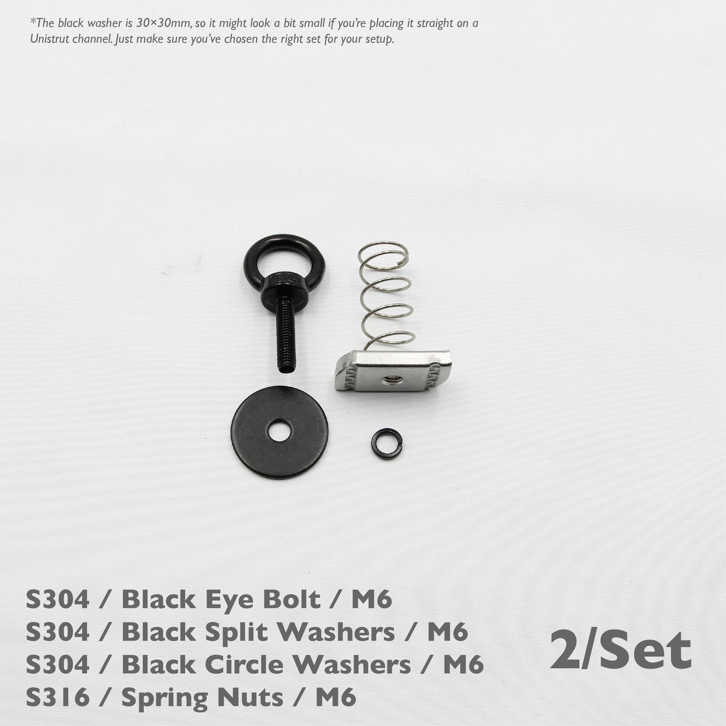 Black Unistrut Eye Bolt Kit | Stainless Steel | M6 M8 M10 | Set of 2