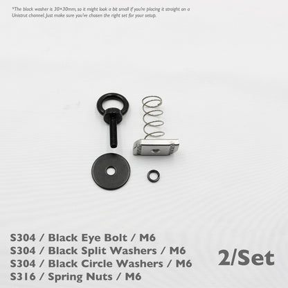 Black Unistrut Eye Bolt Kit | Stainless Steel | M6 M8 M10 | Set of 2