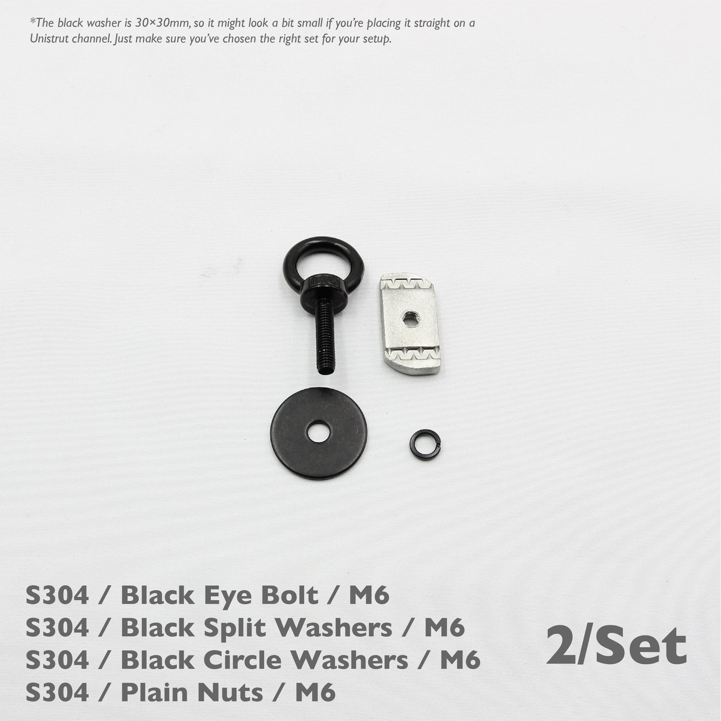 Black Unistrut Eye Bolt Kit | Stainless Steel | M6 M8 M10 | Set of 2