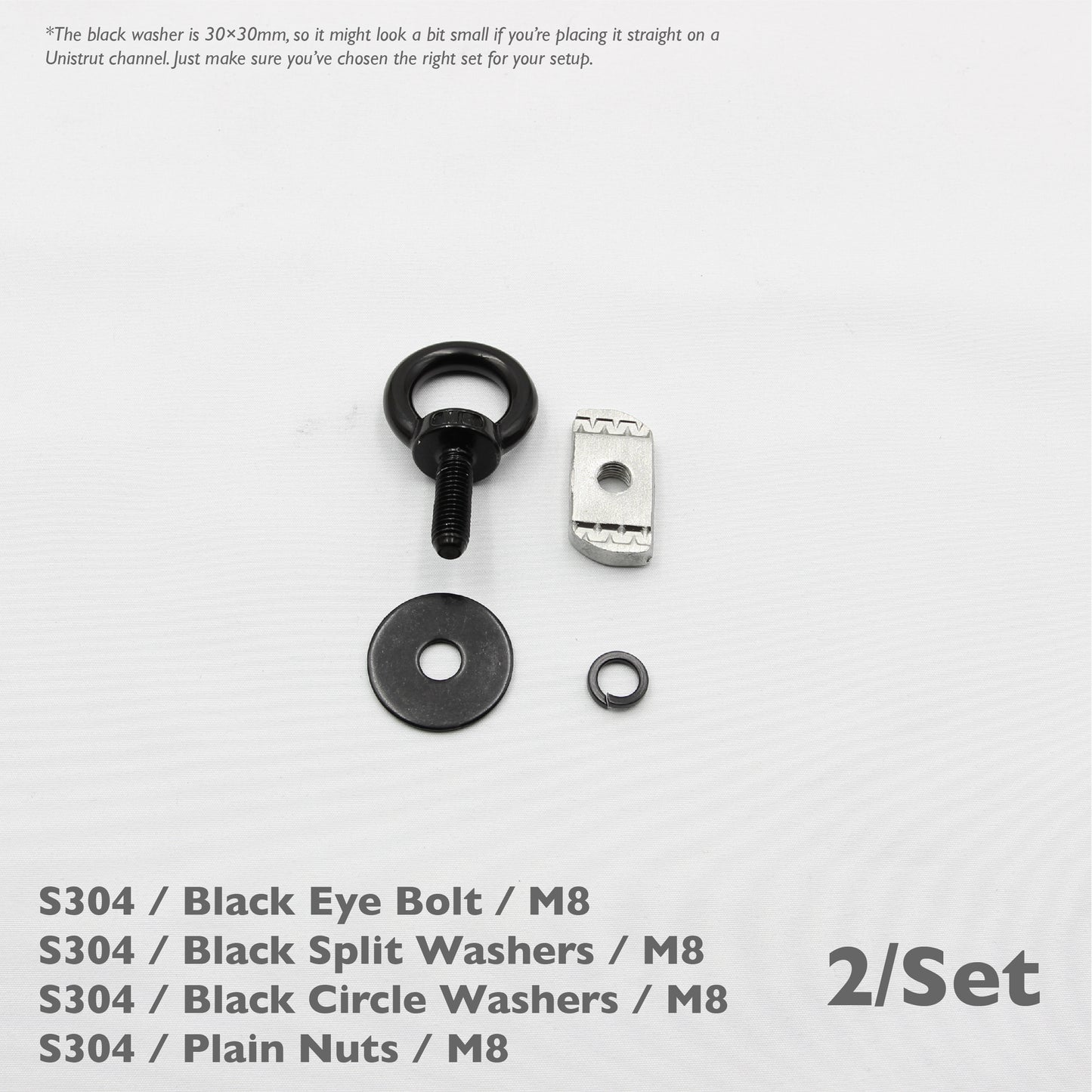 Black Unistrut Eye Bolt Kit | Stainless Steel | M6 M8 M10 | Set of 2