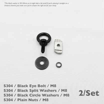 Black Unistrut Eye Bolt Kit | Stainless Steel | M6 M8 M10 | Set of 2
