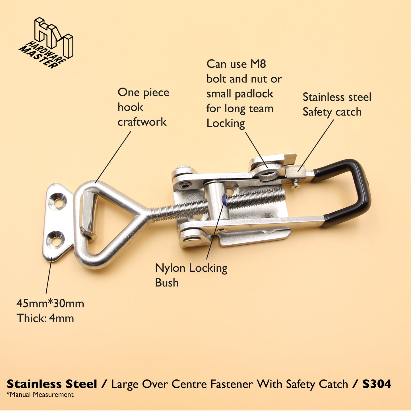 Black Large Over Centre Toggle Latch With Safety Catch | S304 Stainless Steel | Lockable Fastener